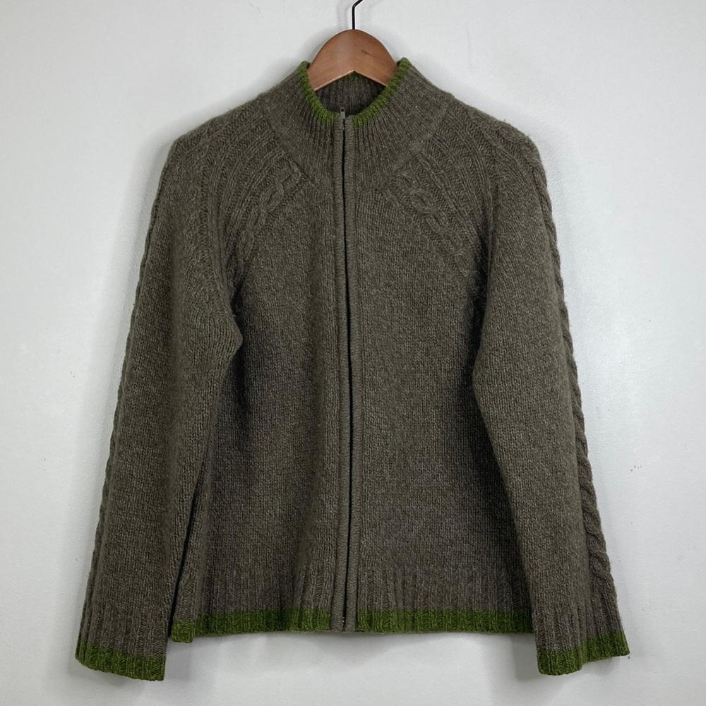 Carraig Donn Sweater Womens Small Brown Green Shetland Wool Zip Up Cardigan